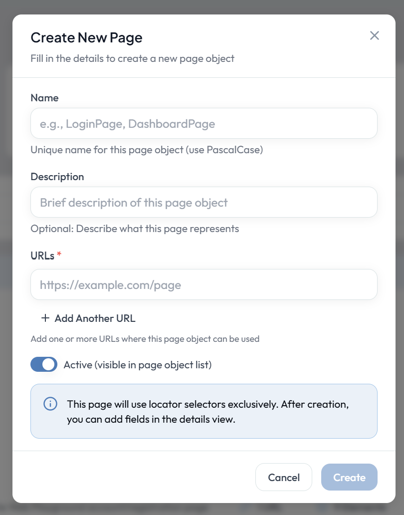 Create New Page dialog