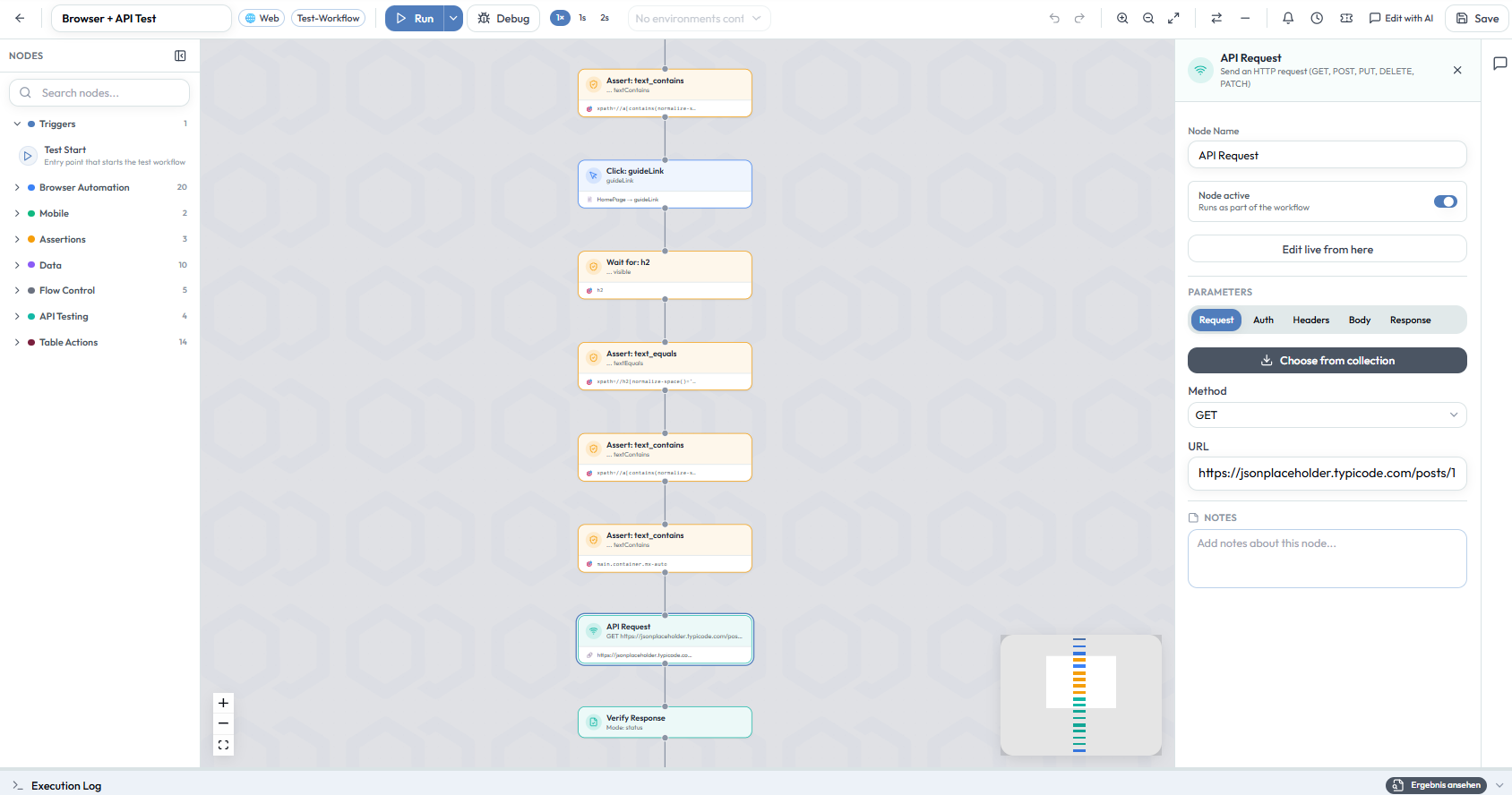 Kombinierter Browser- und API-Test im Workflow Editor