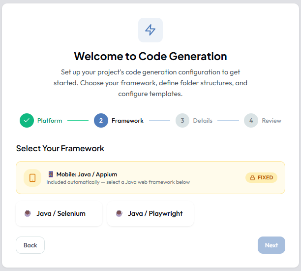 Wizard Step 2 — Framework selection