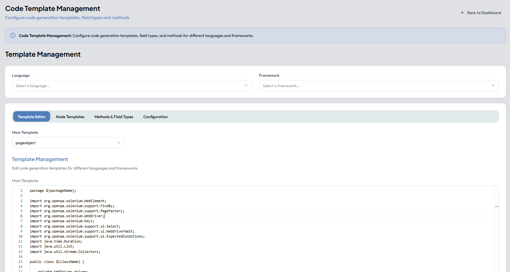 Code Template Management — template editor