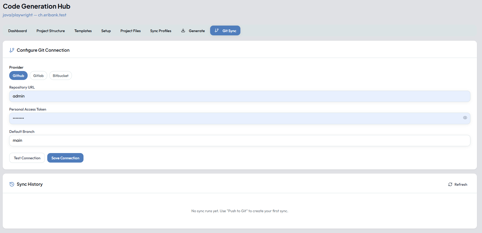 Git Sync — Configure Git Connection and Sync History