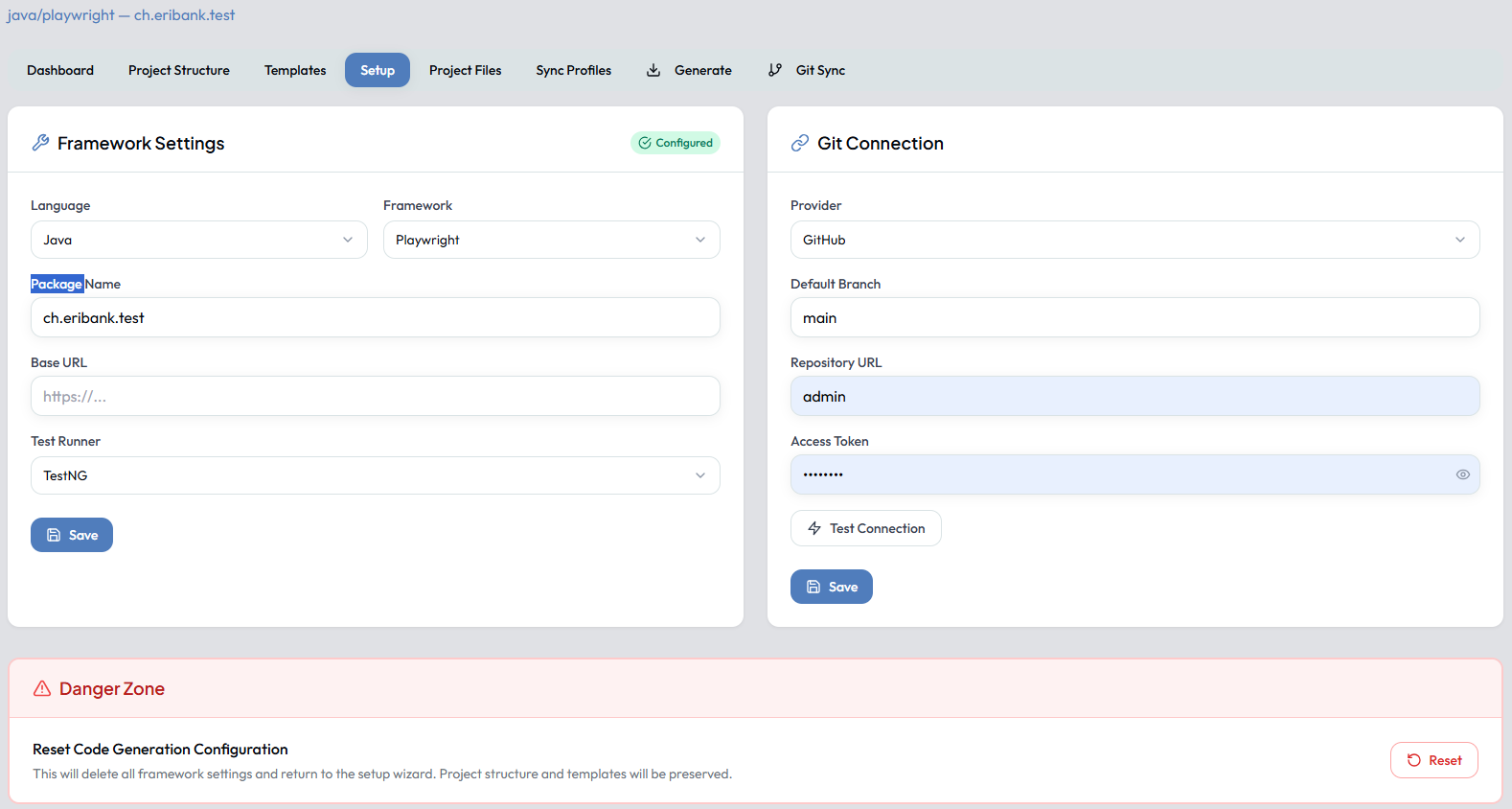Setup tab — Framework Settings and Git Connection