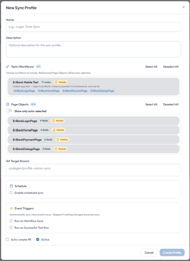 New Sync Profile dialog — workflow and PageObject selection