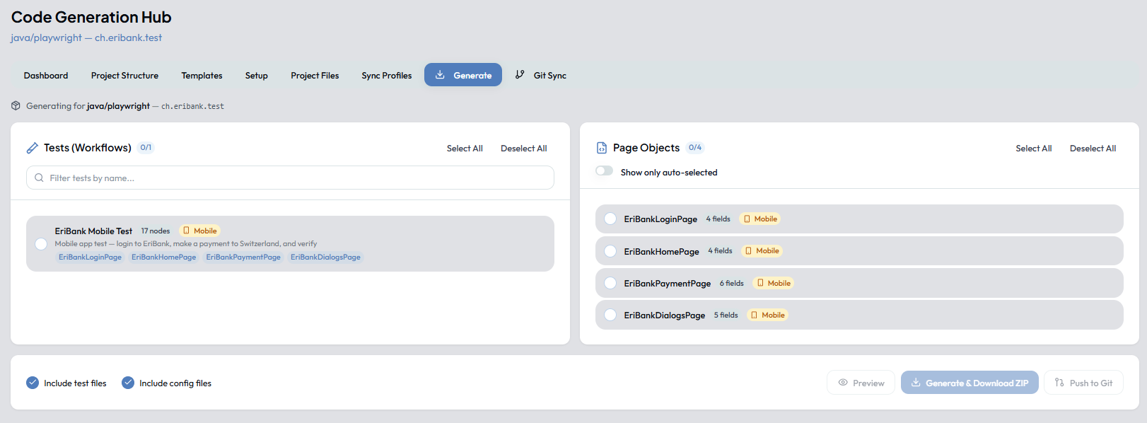 Generate tab — workflow and PageObject selection with download options
