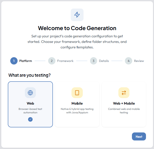 Wizard Step 1 — Platform selection