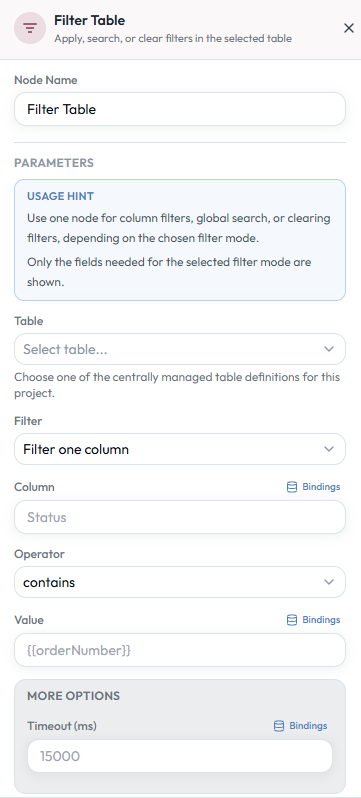 Filter Table configuration