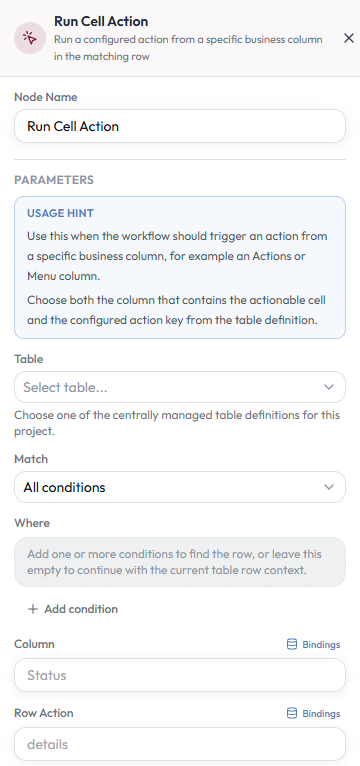 Run Cell Action configuration