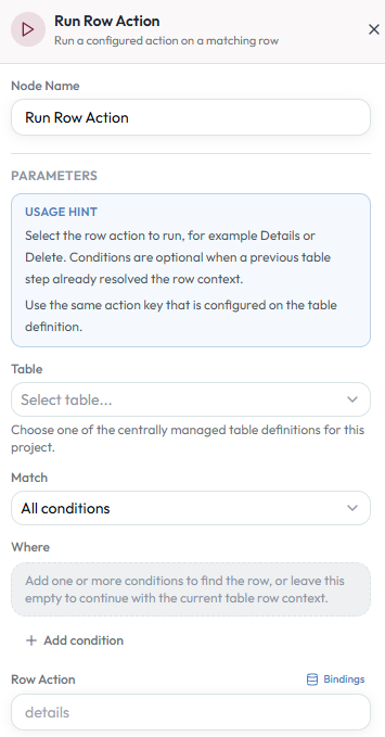 Run Row Action configuration