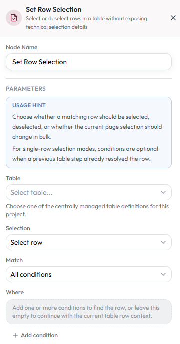 Set Row Selection configuration