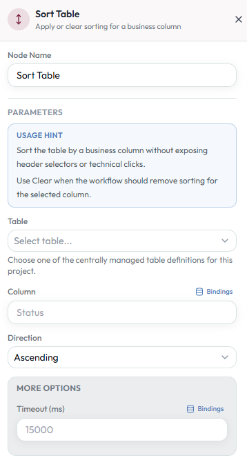 Sort Table configuration