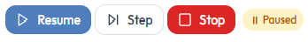 Debug controls — Resume, Step, Stop, Paused