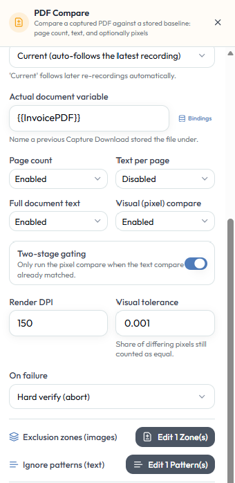 Konfigurationspanel des PDF Compare Node