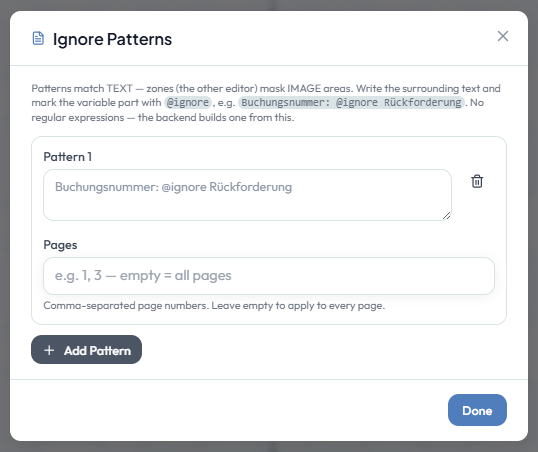 Dialog zur Konfiguration von Ignore Patterns