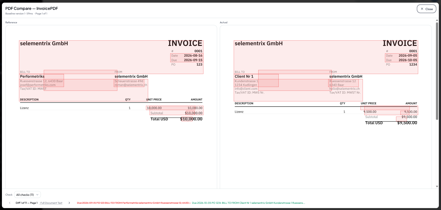 Nebeneinanderstellung von Referenz und tatsächlichem PDF mit markierten Unterschieden