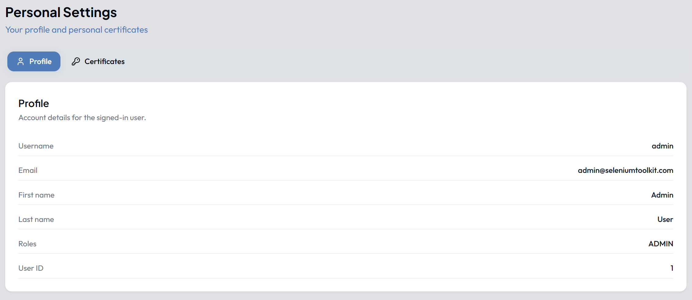 Personal Settings overview