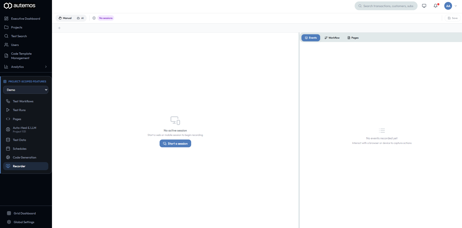 Recorder dashboard — Manual mode with no active session
