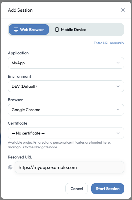 Add Session dialog — Web Browser