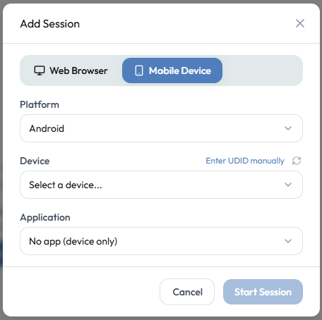 Add Session dialog — Mobile Device