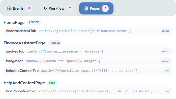 Pages tab showing detected Page Objects
