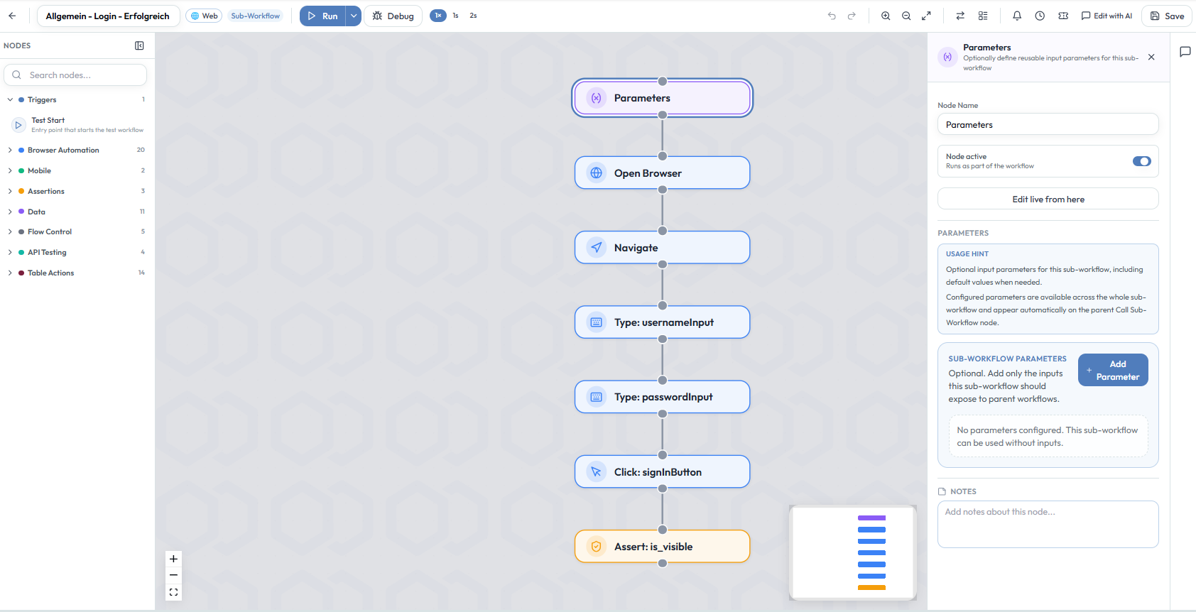 Sub-Workflow-Canvas mit Parameters Node