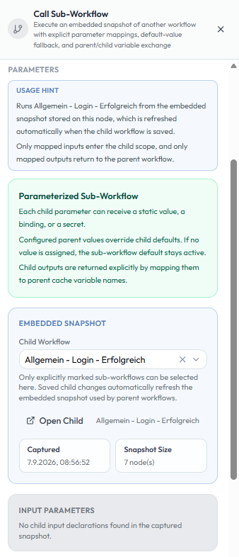 Konfigurationspanel des Call Sub-Workflow Node