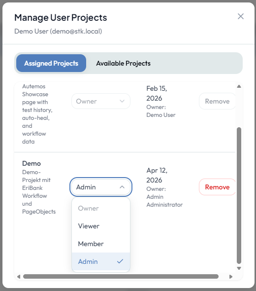 Manage User Projects